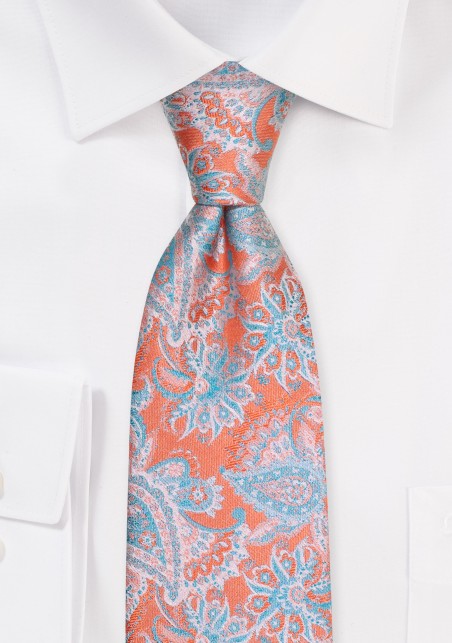 XL Tangerine Orange Necktie with Embroidered Paisley in Aqua