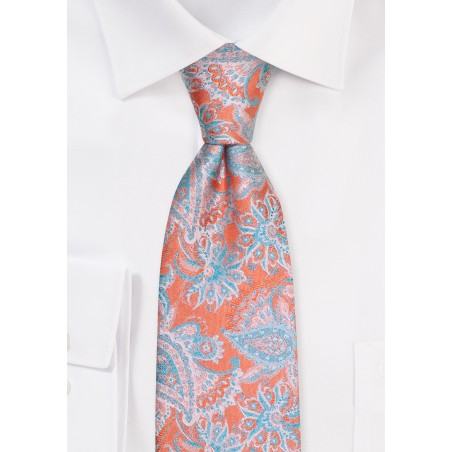 XL Tangerine Orange Necktie with Embroidered Paisley in Aqua