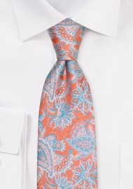 XL Tangerine Orange Necktie with Embroidered Paisley in Aqua