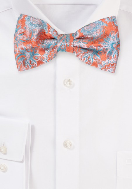 Tangerine Orange Bow Tie with Aqua Paisley