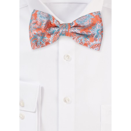 Tangerine Orange Bow Tie with Aqua Paisley