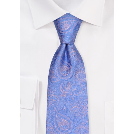 Extra Long Sky Blue and Silver Paisley Tie