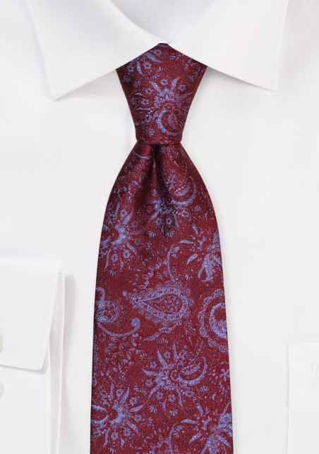 Extra Long Burgundy and Steel Blue Paisley Necktie