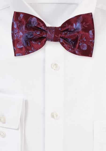 Burgundy Red Bowtie with Floral Design on a Ribbed Background