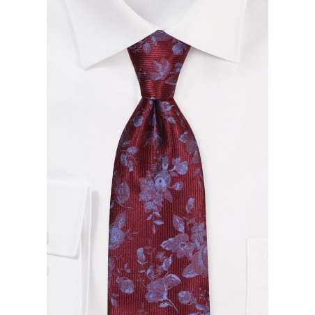 Burgundy Ribbed Textured Tie with Embroidered Florals in Gray