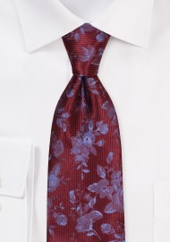 Extra Long Burgundy Ribbed Tie with Embroidered Florals in Gray