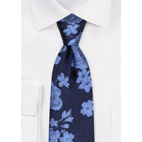 Rose Pattern Tie in Dark Navy in XL Length