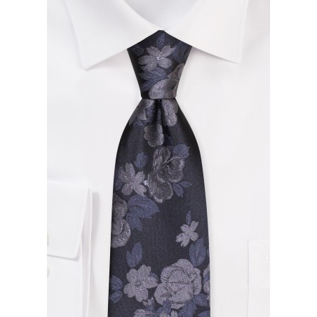Charcoal Extra Long Necktie with Roses