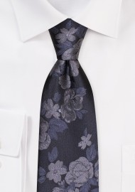 Charcoal Extra Long Necktie with Roses