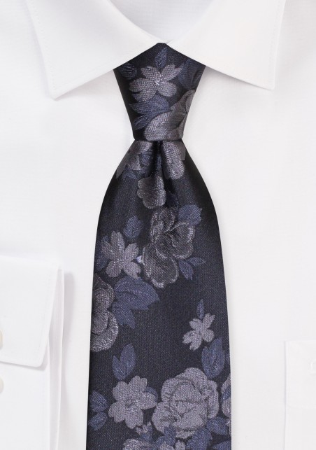 Black Tie with Embroidered Roses in Charcoal