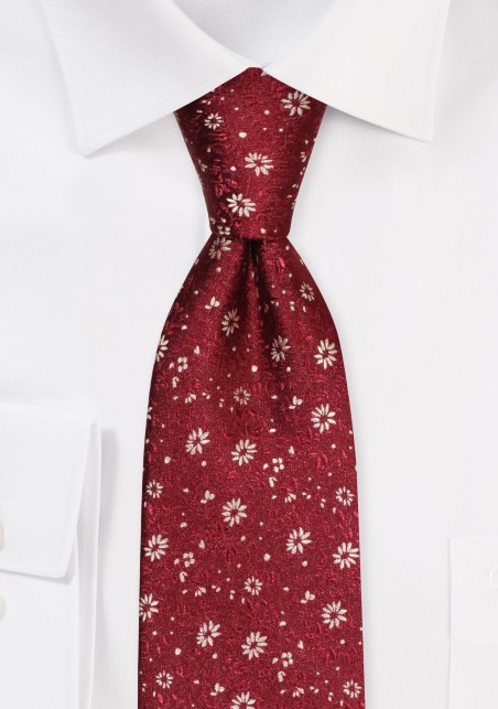 Wine Red Extra Long Necktie with Golden Blossoms