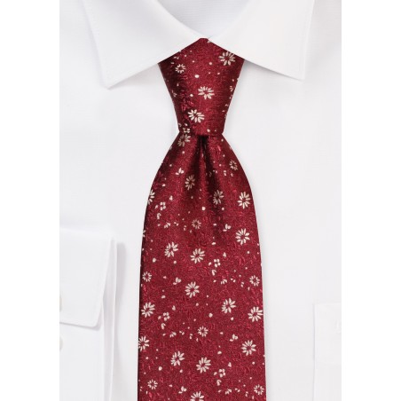 Wine Red Extra Long Necktie with Golden Blossoms