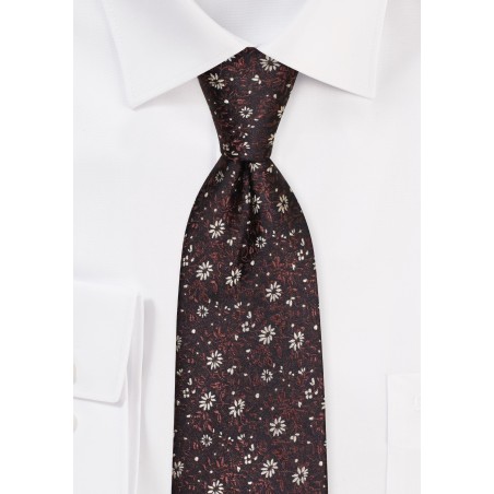 Extra Long Floral Tie in Chocolate Brown and Gold