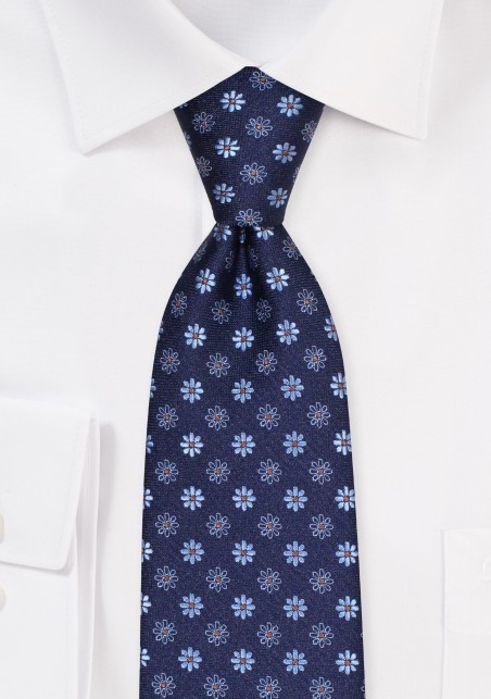 Dark Navy Necktie with Geometric Embroidered Florals