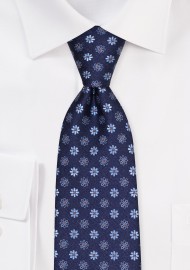 Dark Navy Necktie with Geometric Embroidered Florals