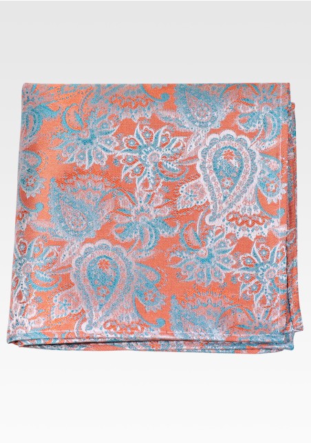 Tangerine Orange and Aqua Blue Paisley Pocket Square