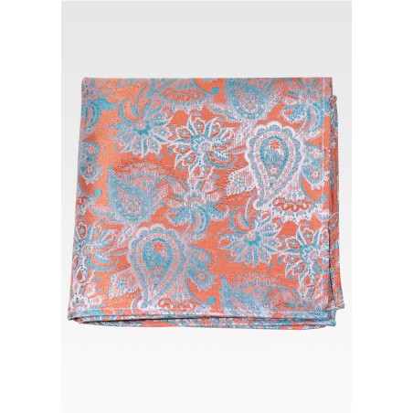Tangerine Orange and Aqua Blue Paisley Pocket Square