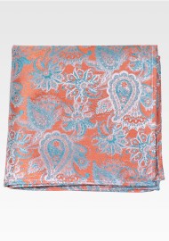 Tangerine Orange and Aqua Blue Paisley Pocket Square