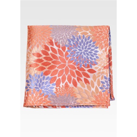 Tangerine Orange and Steel Blue Floral Pocket Square