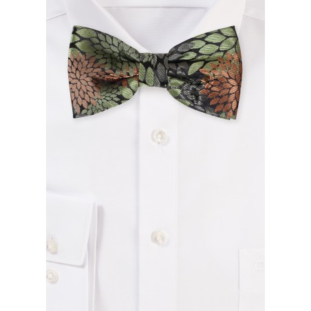 Olive Green and Bronze Brown Bowtie with Large Floral Pattern