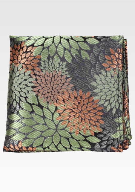 Olive Green and Bronze Brown Floral Pocket Square