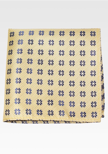 Yellow Matte Woven Pocket Square with Navy Pattern