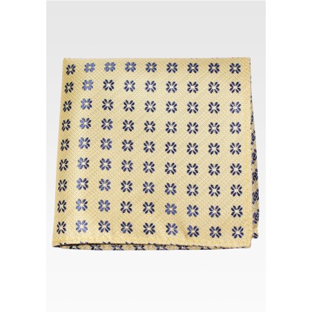 Yellow Matte Woven Pocket Square with Navy Pattern