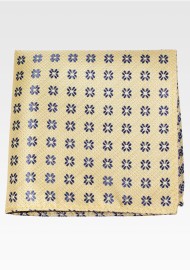Yellow Matte Woven Pocket Square with Navy Pattern