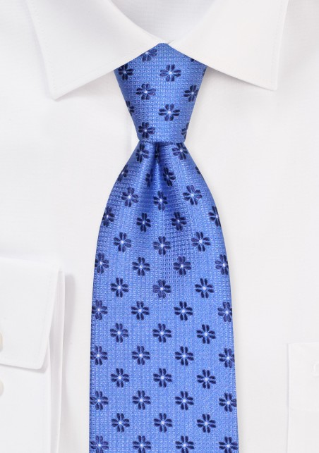 Extra Long Royal Blue Tie in Matte Coarse Texture with Large Floral Pattern