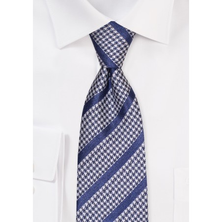 XL Length Houndstooth Checkered Striped Tie in Navy