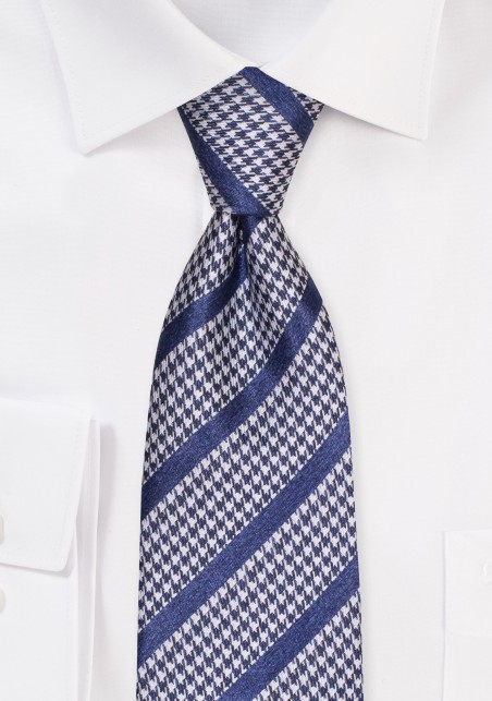 Modern Tie in Navy and Gray Combining Houndstooth Checks with Stripes