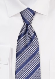 Modern Tie in Navy and Gray Combining Houndstooth Checks with Stripes