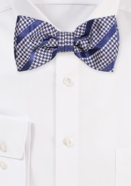 Houndstooth Checkered Bowtie with Stripes in Navy Blue and Gray