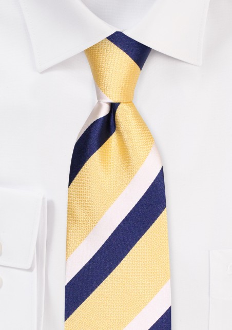 Rugby Striped Mens Tie in Butter Yellow, Navy Blue, and White