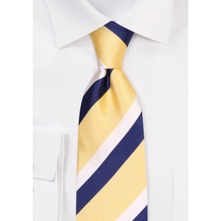 Rugby Striped Mens Tie in Butter Yellow, Navy Blue, and White