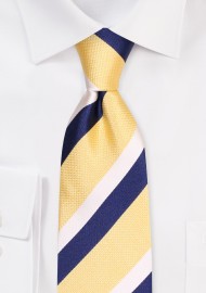 Rugby Striped Mens Tie in Butter Yellow, Navy Blue, and White