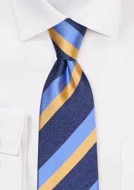 Extra Long Tie in Stripes of Navy, Gold, Steel Blue