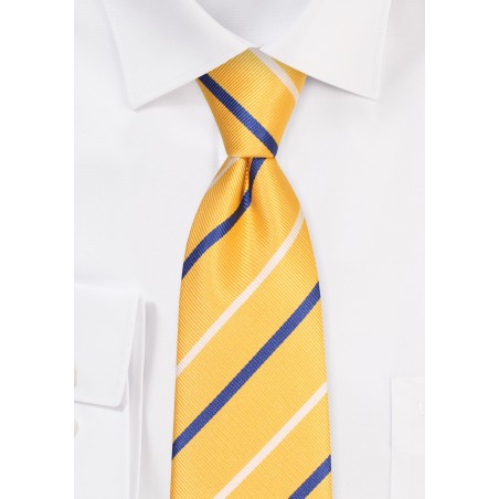 Extra Long Golden Yellow Tie with Stripes in White and Navy
