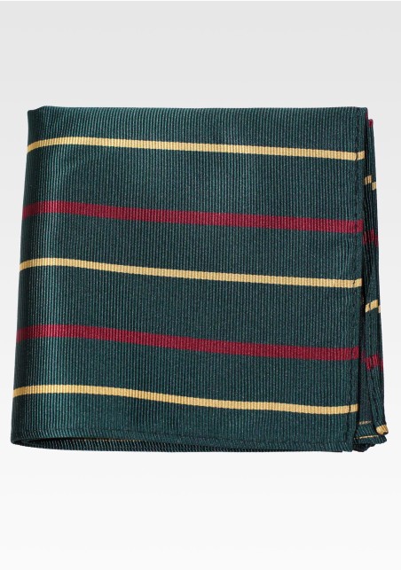 Hunter Green Pocket Square with Stripes in Gold and Burgundy