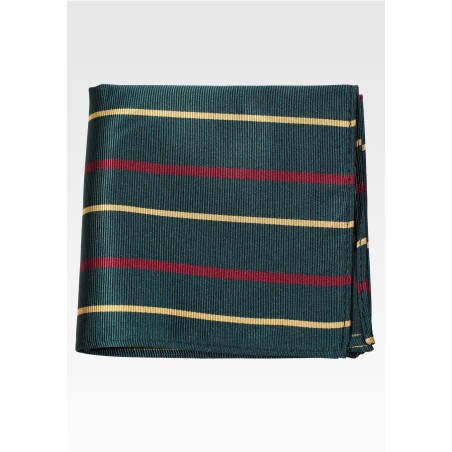 Hunter Green Pocket Square with Stripes in Gold and Burgundy