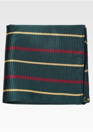 Hunter Green Pocket Square with Stripes in Gold and Burgundy