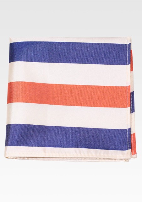 Wide Striped Pocket Square in Orange, Navy, Cream