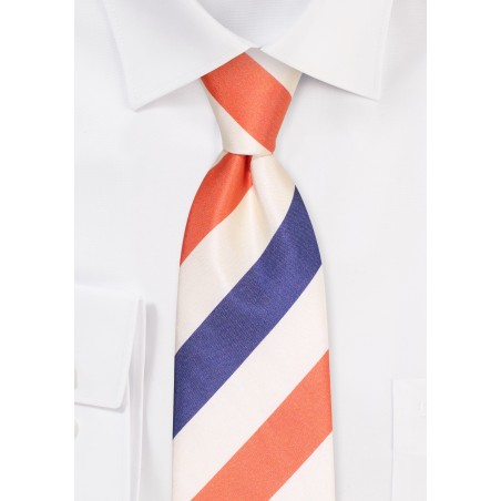 Wide Striped Summer Extra Long Tie in Navy, Orange, and Cream
