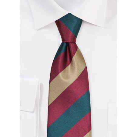 Shiny Satin Striped XL Necktie in Colors Burgundy, Green, and Gold - XL Mens Tie