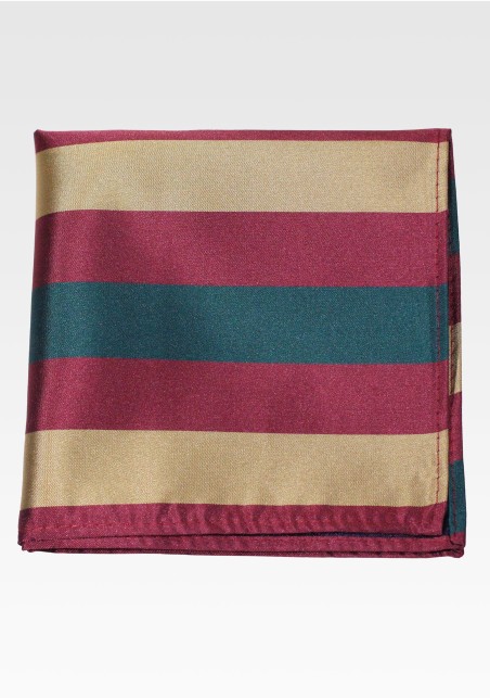 Wide Striped Pocket Square in Green, Burgundy, Gold