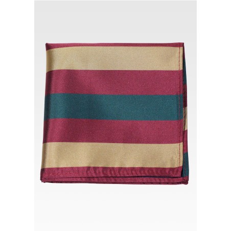 Wide Striped Pocket Square in Green, Burgundy, Gold