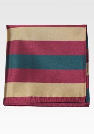 Wide Striped Pocket Square in Green, Burgundy, Gold