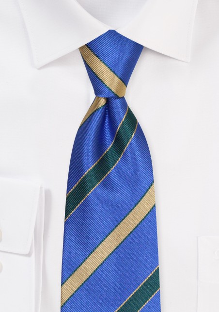 Extra Long Repp Striped Necktie in Royal Blue, Green, and Gold