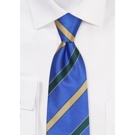 Extra Long Repp Striped Necktie in Royal Blue, Green, and Gold