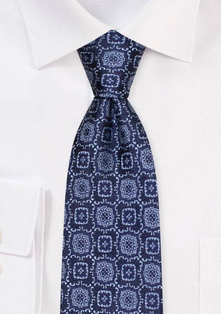 Woven Medallion Extra Long Tie in Navy and Silver